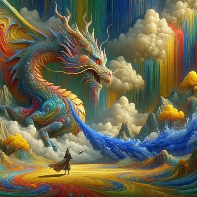 The primary subject of the image is a dragon, which is the main object, scene, or focus of the image. The dragon is surrounded by a colorful and vibrant environment, with a mountainous background and a cloudy sky. The visual style of the image is digital art, as it is a detailed and intricate illustration. The dominant colors in the image are blue, yellow, and red, creating a lively and energetic atmosphere.